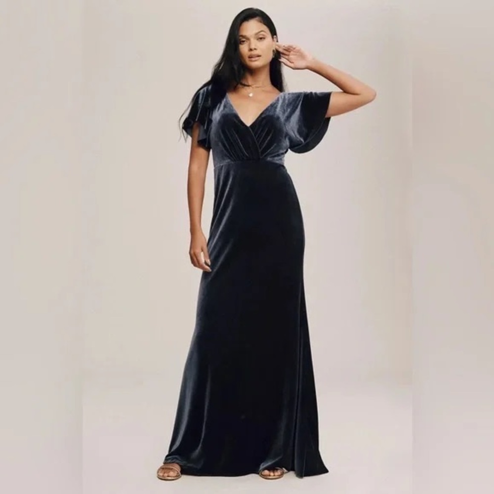 Jenny Yoo Ellis Flutter-Sleeve Open-Back Stretch Velvet Gown French Blue